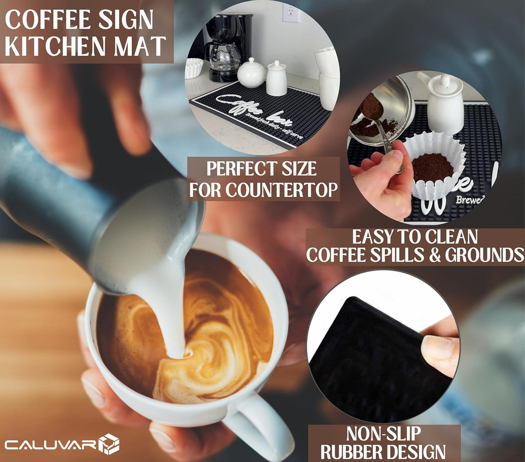 Coffee Bar Mat for Countertop, Large Barista Mat 18x12, Coffee Mat, Kitchen Decor and Accessories Coffee Bar Sign, Durable Kitchen Bartender Mat, Bar Rubber Mat for Home Bar, Cocktail Rubber Mat