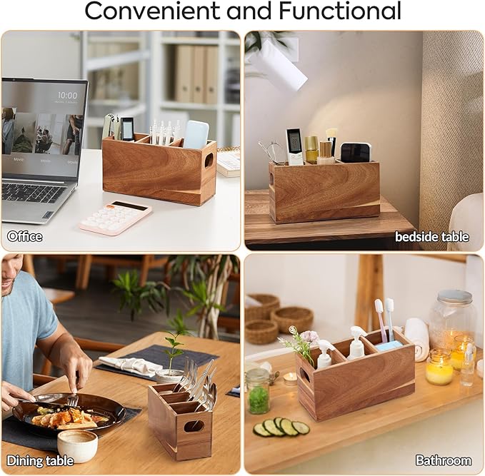 Acacia Wooden Silverware Holder,Kitchen Utensil Caddy with 3 Compartments,Cutlery Storage Organizer Countertop,Flatware Organizer for Party,Spoon, Fork Holder