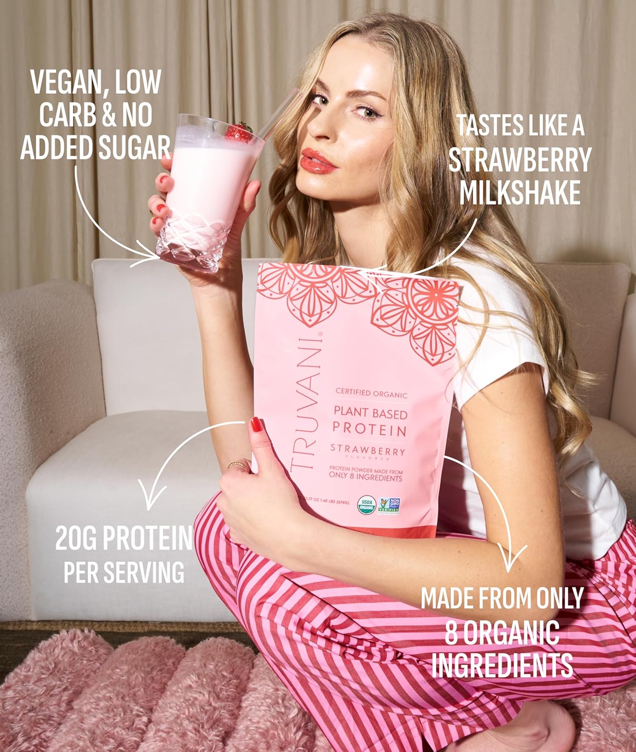 Truvani Vegan Pea Protein Powder | Strawberry | 20g Organic Plant Based Protein | 10 Servings | Keto | Gluten & Dairy Free | Low Carb | No Added Sugar