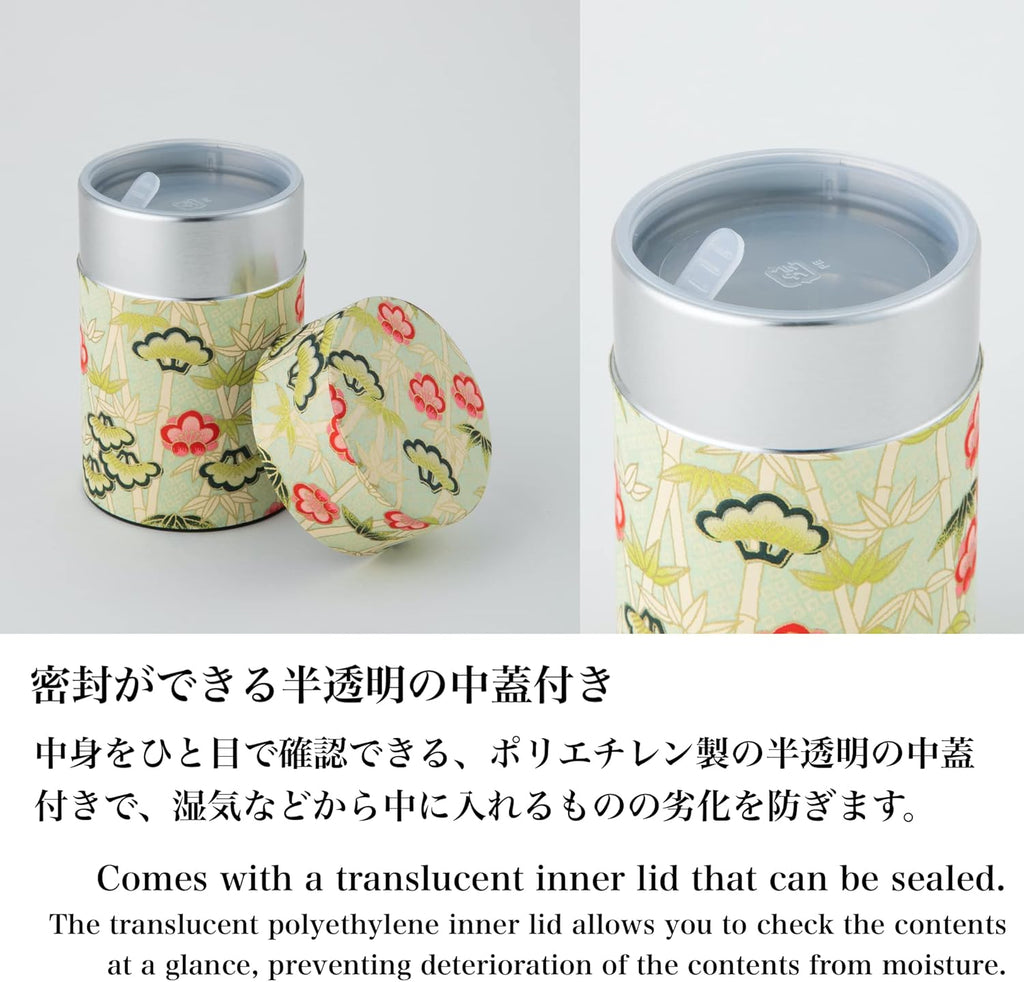 NOREN Japanese Tea　Canister Tin (Yuzen Washi Paper), 3.5oz Size Made in JAPAN with Includes Inner Lid of Airtight Damp-Proof/Kitchen Jar for Loose Leaf Coffee Tea (Pine, Bamboo and Plum/Green)