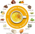 Golden Milk Magic (50 Servings) | Superfood 5 Mushroom Blend for Sleep, Relaxation, Relief | Turmeric, Ashwaghanda, Valerian, Chamomile + 5 Mushroom Blend | Smoothie, Hot Beverage
