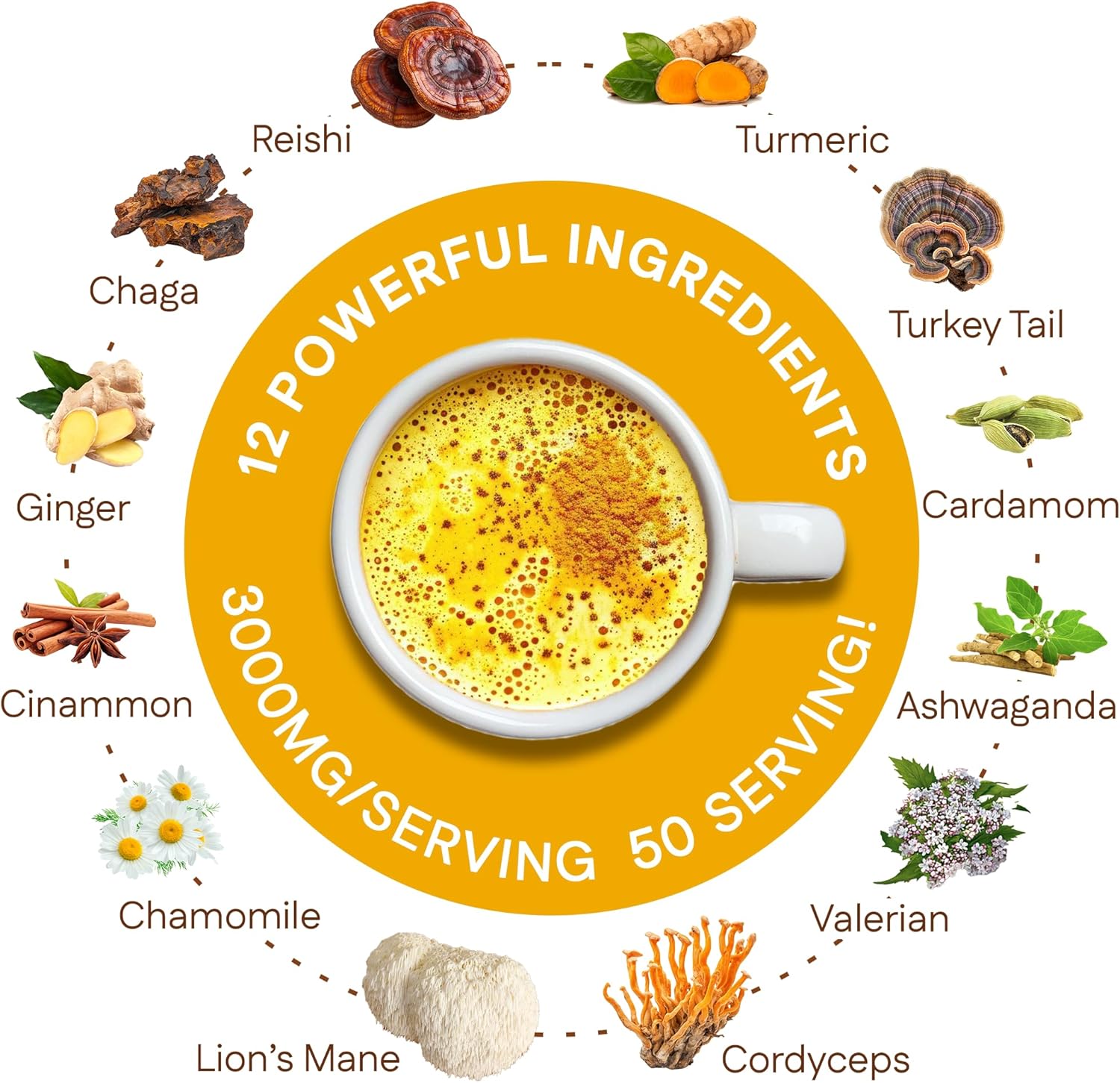 Golden Milk Magic (50 Servings) | Superfood 5 Mushroom Blend for Sleep, Relaxation, Relief | Turmeric, Ashwaghanda, Valerian, Chamomile + 5 Mushroom Blend | Smoothie, Hot Beverage