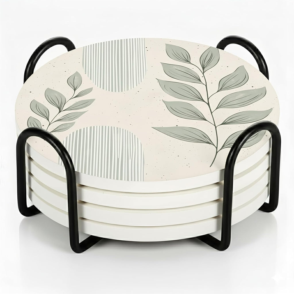 VEYRO Coasters Set of 4 for Drinks – Absorbent Ceramic Stone Drink Coasters with Cork Backing for Coffee Table & Desk, Modern Boho Look Cup Coaster Set, Housewarming Gift for New Home