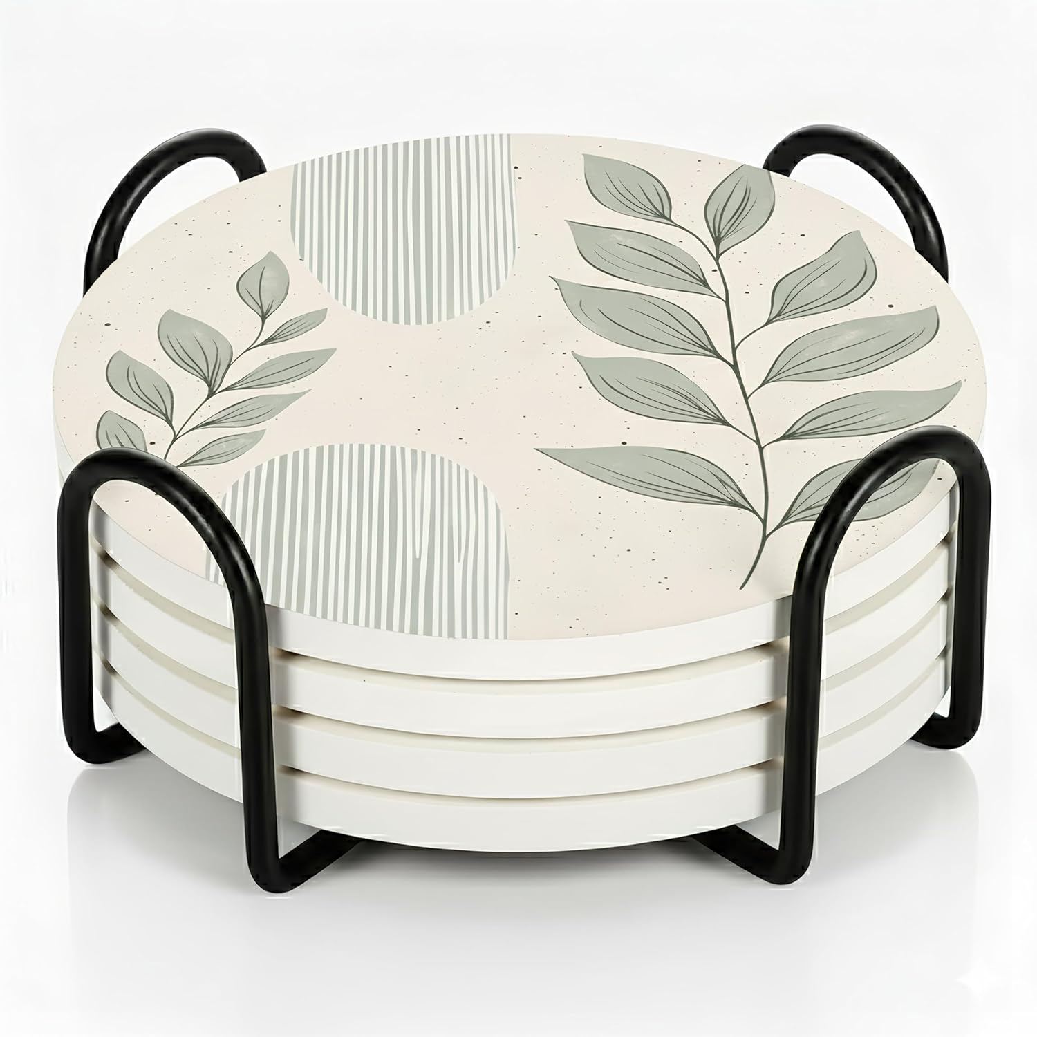 VEYRO Coasters Set of 4 for Drinks – Absorbent Ceramic Stone Drink Coasters with Cork Backing for Coffee Table & Desk, Modern Boho Look Cup Coaster Set, Housewarming Gift for New Home