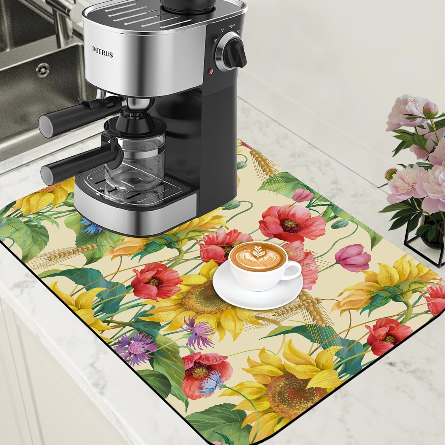 Yellow Sunflower Cornflower Coffee Mat Absorbent Dish Drying Mat for Kitchen Counter Hide Stain Rubber Backed Coffee Bar Accessories Fit Under Espresso Machine 15.7 x 23.6 Inch