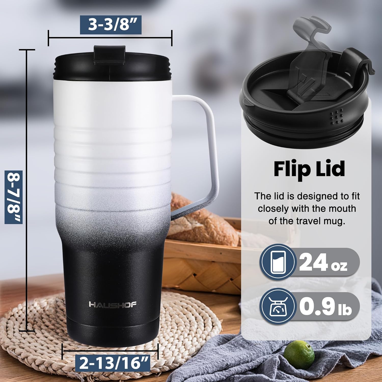 HAUSHOF 24 oz Travel Mug with Handle, Stainless Steel Vacuum Insulated Coffee Travel Mug, Double Wall Travel Mugs with Leakproof Lid, BPA Free