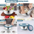 E-far Mixing Bowls with Lids Set, 15PCS Stainless Steel Mixing Nesting Bowls with Colander and 3 Metal Graters for Kitchen, Non-Slip Bottom & Airtight Transparent Lid, 4.6, 3, 1.5, 1, 0.7QT, Blue