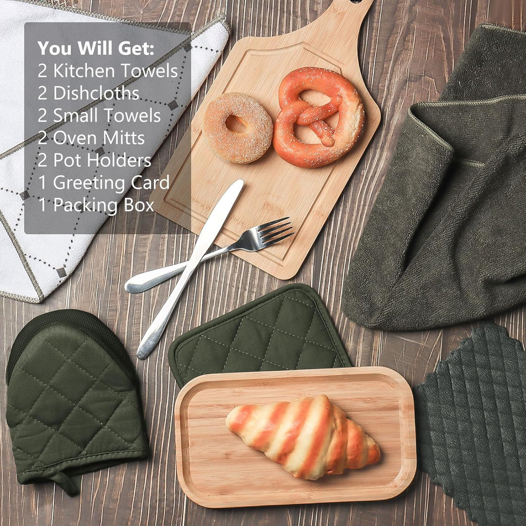 Oven Mitts & Pot Holders Pad and Towel Set, 10-Piece Cute Kitchen Starter Set, Short Oven Mitts, Towels & Dish Cloths for Grilling, Baking, Barbecue