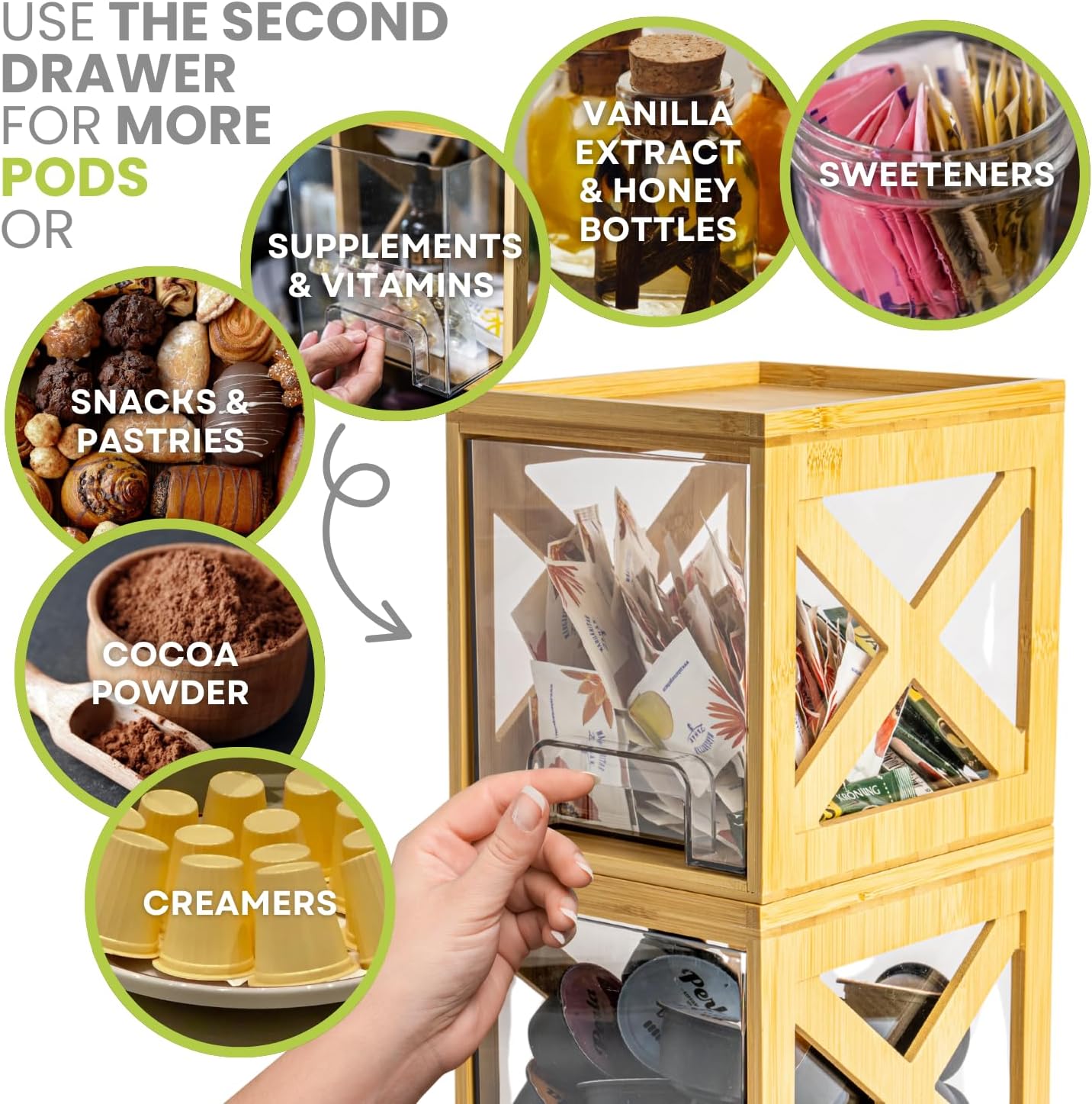 Bamboo Snack & Pantry kitchen Organizer – 2 Pack Bamboo Stackable Storage Drawers – Pull Out Storage for Cookies, Spices, Coffee Pods & K Cups – Clear Acrylic Drawer for Countertop Use