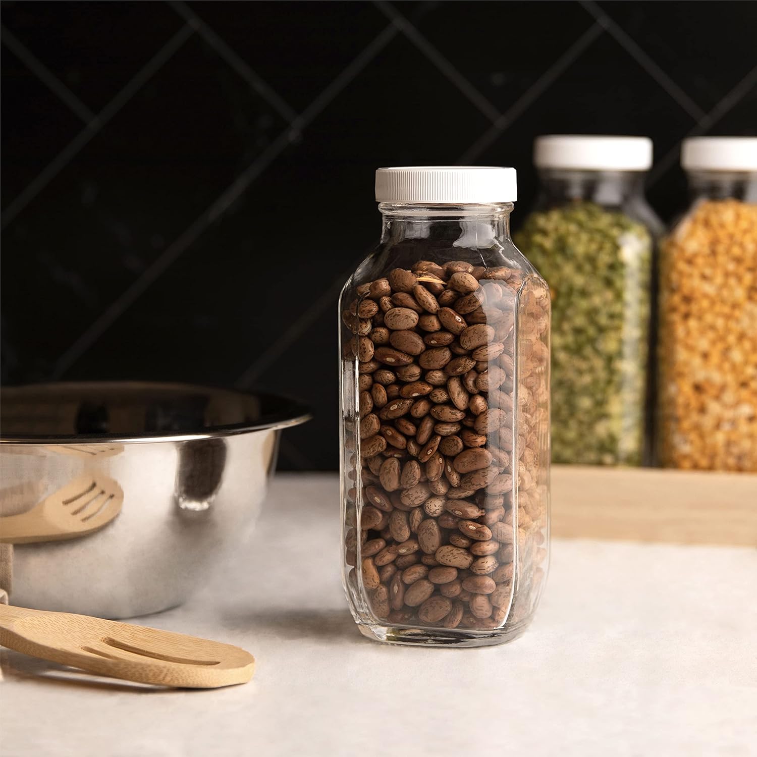 16oz Square Glass Milk Bottles with Plastic Airtight Lids -Vintage Reusable Dairy Drinking Jars Containers for Milk, Yogurt, Smoothies, Juice, Kefir, & Water -2 Pack 16 oz Glass Bottles with Lids