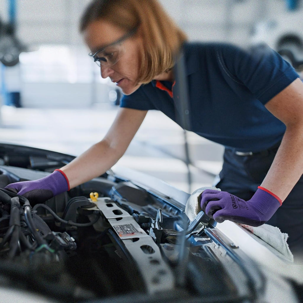 KAYGO Safety Work Gloves PU Coated,12 Pairs KG11PB Seamless Knit Glove for Men and Women, with Smooth Grip on Palm and Fingers, Ideal for General Duty Work (XL, Purple)