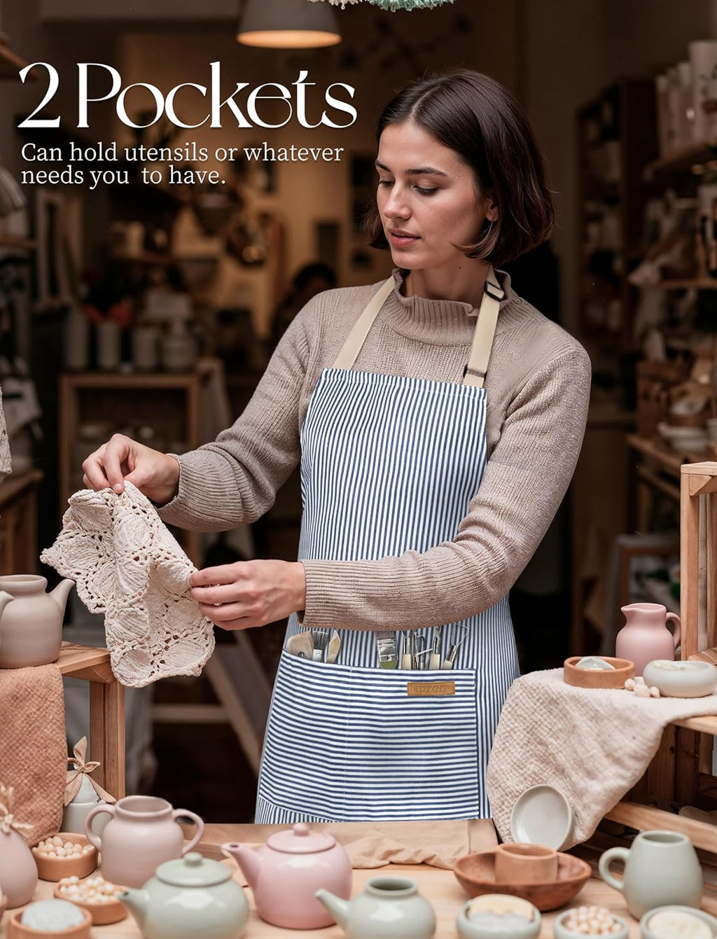 2 Pack Kitchen Cooking Aprons, Soft Aprons for Women Men with 2 Pockets Chef Apron with Adjustable Neck Strap and Long Tie