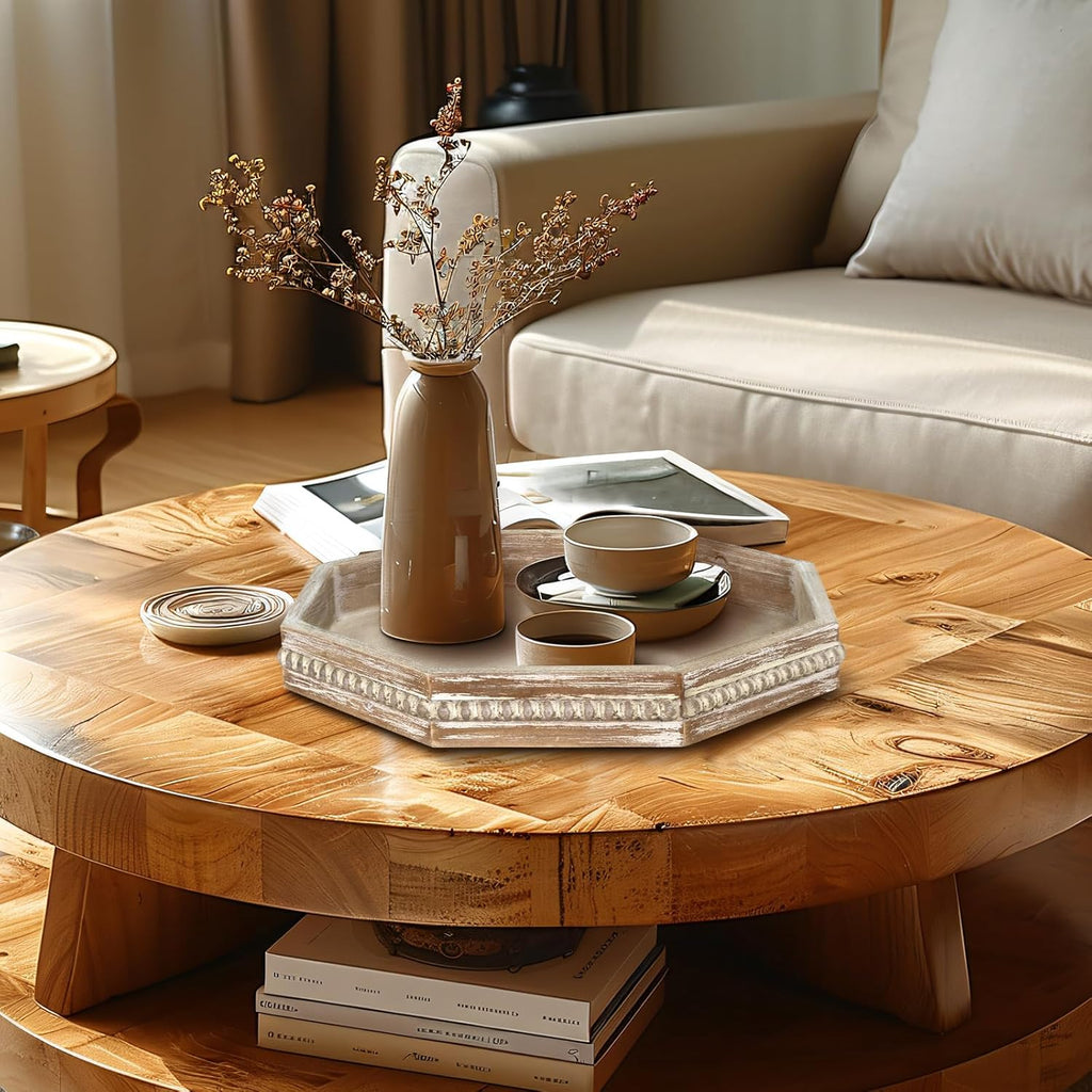 MAONAME Wood Serving Tray,Farmhouse Wooden Tray with Beads, Washed White Octagonal Serving Tray，Coffee Table Tray for Living Room, Kitchen, 12" X 12" X 1.6"
