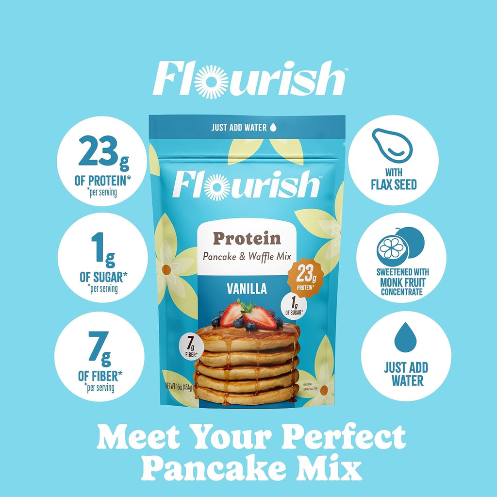 Flourish Protein Pancake & Waffle Mix, with Whey Protein & Flax Seed, No Added Sugar, High in Protein & Fiber - Just Add Water - Vanilla Flavour, 430g (2 Pack) - Made in Canada