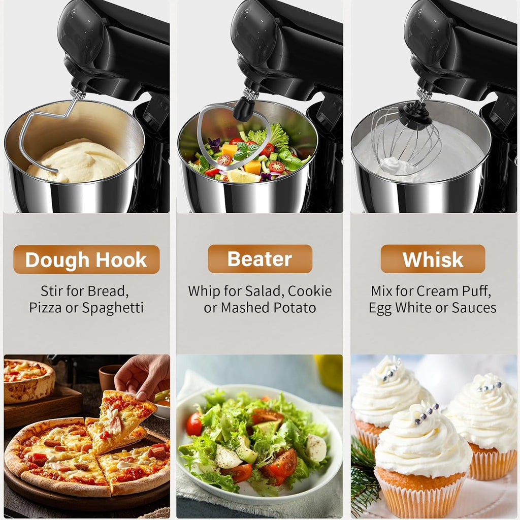 Stand Mixer with 3QT+3.5QT Dual Bowls, 10-Speed Electric 300W Food Mixer - Includes Egg Whisk, Dough Hook & Flat Beater for Home Baking & Daily Cooking (Black)