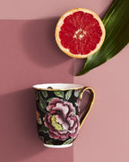 Spode Creatures of Curiosity 12oz Fine China Mug, Black Floral Pattern - Porcelain Tea & Coffee Cup with 22ct Gold Handle and Rim - Elegant Vintage Inspired Drinkware, Boxed for Gifting