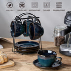 SIDUCAL Espresso Cups Set of 4 [8oz] Porcelain Coffee Cups with Saucers and Holder,Latte Cups- Latte Art Cup - Microwave/Dishwasher Safe,Espresso Demitasse Cups(Blue and Green)