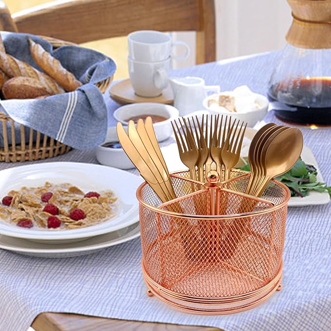 360 Rotating Metal Utensil Caddy - 4 Compartment Silverware Cutlery Holder Fork Spoon Napkin Organizer Flatware Storage Basket Party Countertop Buffet Picnic Camping Outdoor Rose Gold Pink