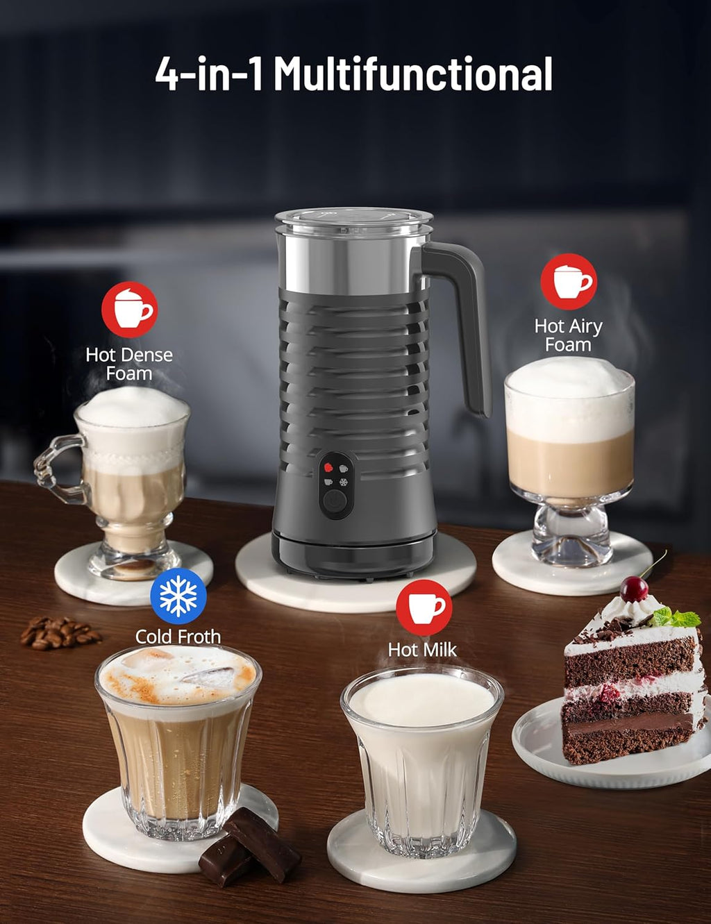 Milk Frother and Steamer, Airyoyo 4-in-1 Milk Frother, Electric Milk Frother Hot& Cold Foam Temperature Control, Auto Shut-Off Frother for Coffee Latte