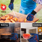QUWIN BBQ Gloves, Oven Gloves 1472℉ Extreme Heat Resistant, Grilling Gloves Silicone Non-Slip Oven Mitts, Kitchen Gloves for BBQ, Grilling, Cooking, Baking-1 Pair (One Size Fits Most, Black/Blue)