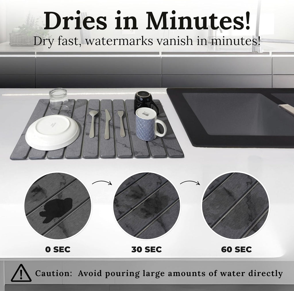 Large Stone Dish Drying Mat for Kitchen Counter 23.5”x 15.25” – Elegant Marbled-Inspired Surface Quick-Dry Absorbent Diatomaceous Earth - Multi-Use & Kitchen Mat for Dishes & Bottle Cups (Dark Gray)