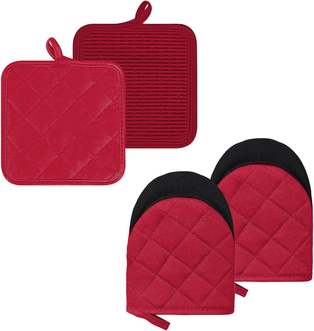 Oven Mitts and Pot Holders Set, Pack of 4, Heat Resistant Silicone Kitchen Mini Oven Mittens for 500 Degrees, Mini Oven Gloves and Hot Pads for Baking Grilling Barbecue Microwave Machine Washable