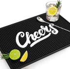 Premium Cheers Bar Mat for Home Bar - Large 18"x12" Rubber Bar Mats for Countertop - Non-Slip Bartender Mat - Drink Spill Mat for Bar Cart - Black Barmat for Cocktail Service
