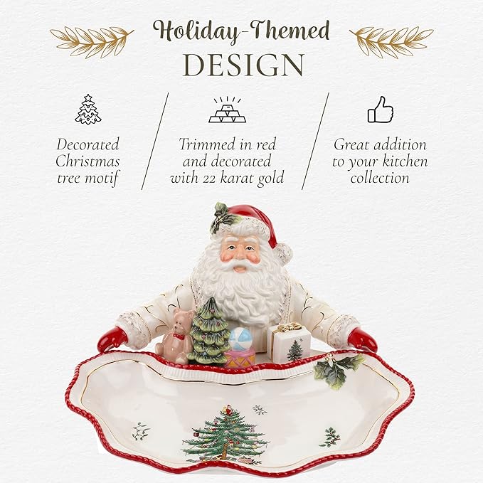 Spode Christmas Tree Gold Collection Figural Santa Dish, 12.25-Inch Holiday Décor Candy Bowl - Fine Earthenware with 22-Karat Gold Accents, Christmas Mantel Decoration & Holiday Tableware