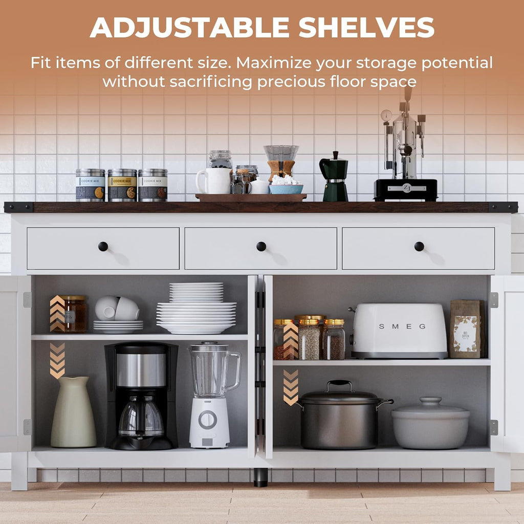 63" Sideboard Buffet Cabinet with Storage, Coffee Bar Cabinet with 3 Drawers and 4 Barn Doors, Long Wider Storage Cabinet Modern Farmhouse, White Wood, for Kitchen, Dining Room, Living Room