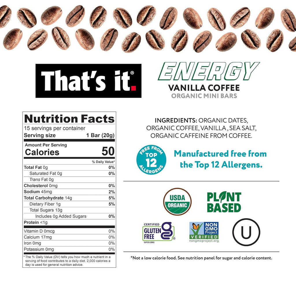 That’s it. Organic Energy Coffee Mini Bars - (1 Mini Bar = 1 Cup of Coffee) Grab and Go, No Added Sugars, Non-GMO, Caffeine Power Snack, Kosher, Allergy Friendly (Vanilla Coffee - 15 Count)