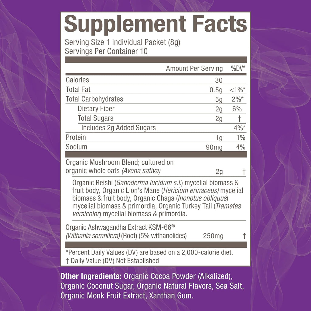 OM MUSHROOM SUPERFOOD Hot Chocolate Blend Mushroom Powder, Single Serve, 10 Count, Dutch Cocoa, 2g of Sugar, 25 Calories, Lion's Mane, Reishi, Chaga, Turkey Tail, Focus and Stress Support