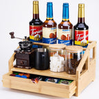 Bamboo Coffee Syrup Rack Organizer 3 Tier Rack with Cup Storage Box, Bottle Holder Stand for Syrups, Dressings, Kitchen Coffee Station, Natural