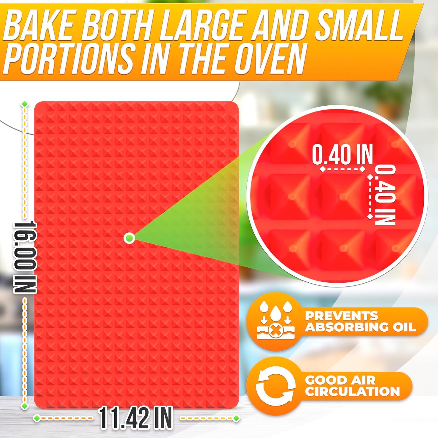 Silicone Baking Mat - 16x11.5" Non Stick Silicone Cooking Mat Fat Filtering Red Pyramid Design, for Roasting, BBQ & Pastry Making - Oven and Microwave Bacon Cooker Food Grade, Flexible & Easy-to-Clean