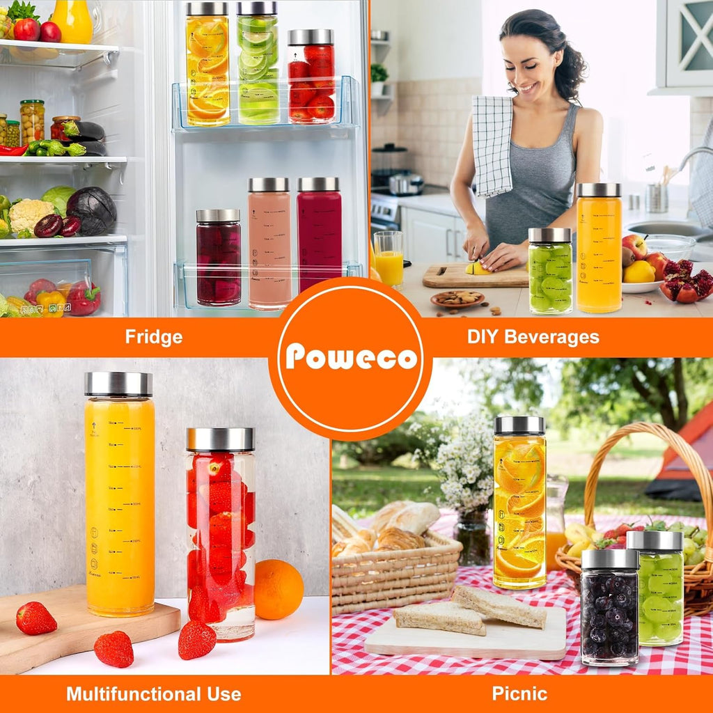 Glass Juice Bottles 4 Pack 10 oz - Wide Mouth Glass Water Bottles with Lids - for Juicing, Protein, Smoothie, Milk, Reusable, BPA Free, Stainless Steel Lids, Blender, Shaker Bottle [10oz/300ml]