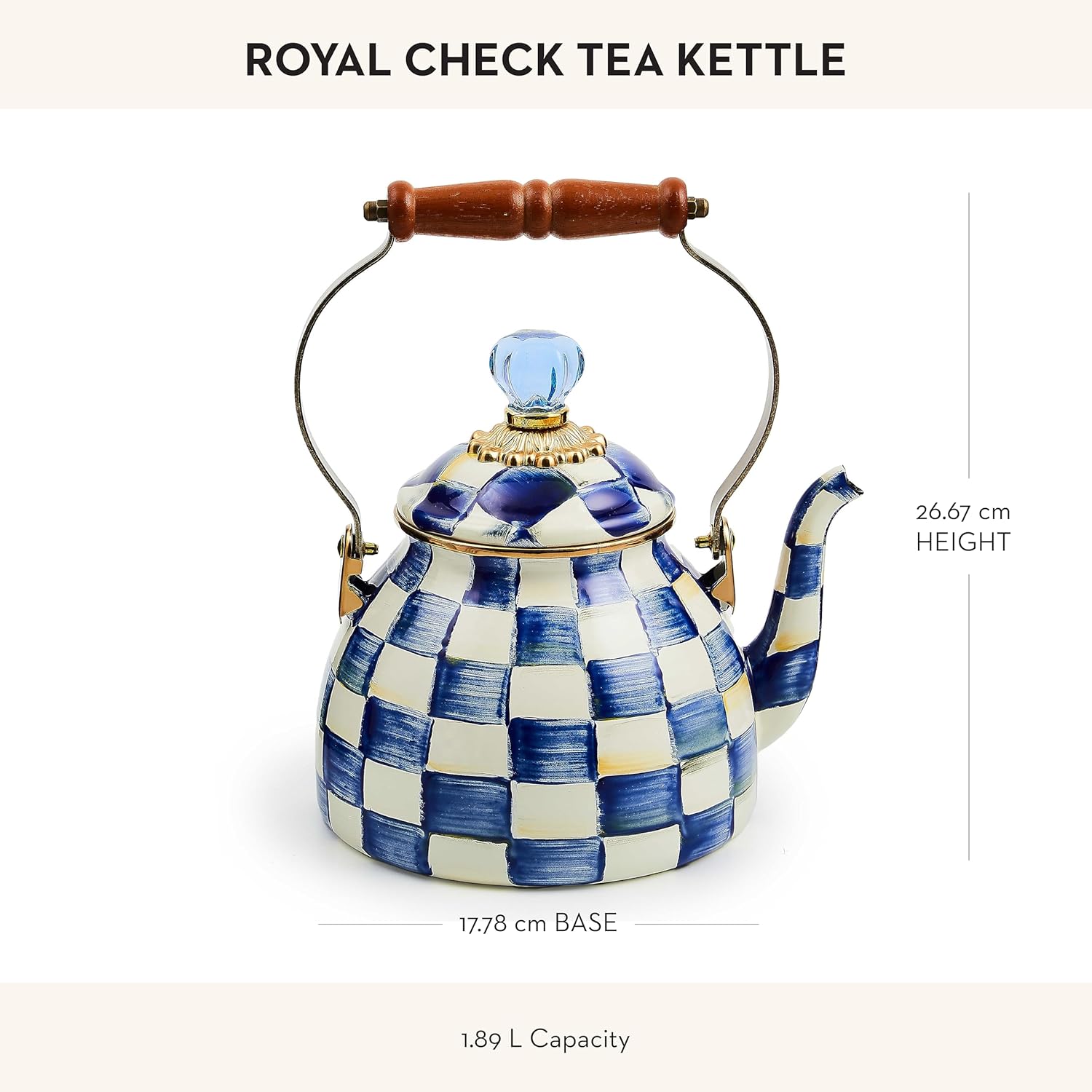 MACKENZIE-CHILDS Enamel Tea Kettle, Stylish Tea Kettle for Stovetop, Blue-and-White Royal Check, 2 Quarts