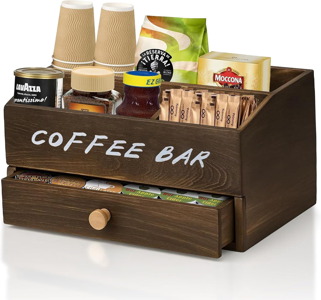 Coffee Station Organizer for Countertop with Pod Storage Drawer - Coffee Bar for Home, Kitchen, Dining Area, Office & Breakroom - Natural Wood, 3 Compartments, 2-tier, Rustic Brown