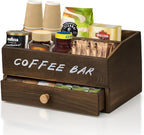 Coffee Station Organizer for Countertop with Pod Storage Drawer - Coffee Bar for Home, Kitchen, Dining Area, Office & Breakroom - Natural Wood, 3 Compartments, 2-tier, Rustic Brown