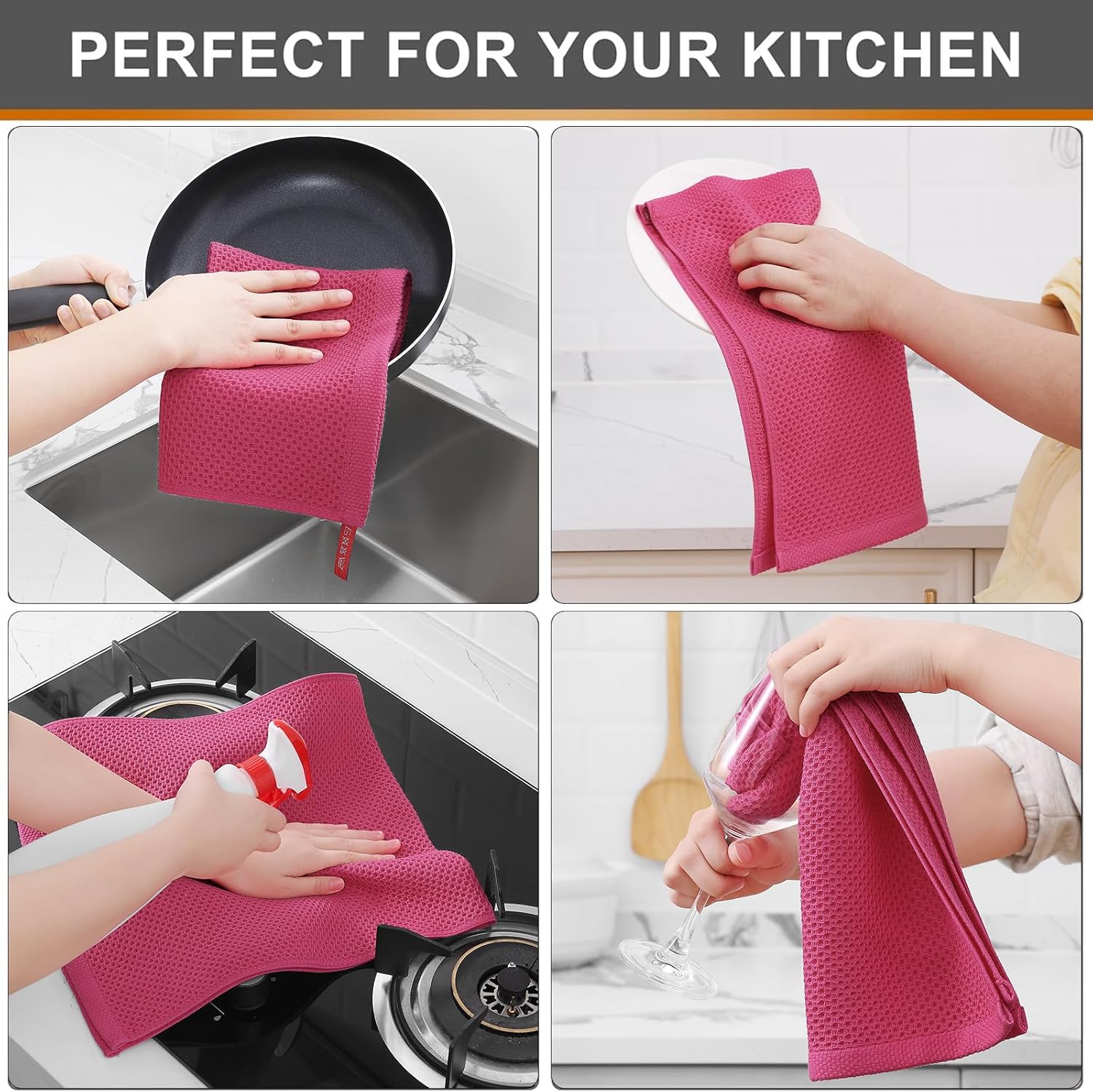 Kitinjoy 100% Cotton Waffle Weave Kitchen Towels, 4-Pack Super Soft and Absorbent Dish Towels for Drying Dishes, Kitchen Hand Towels, 13 in x 28 in, Hot Pink