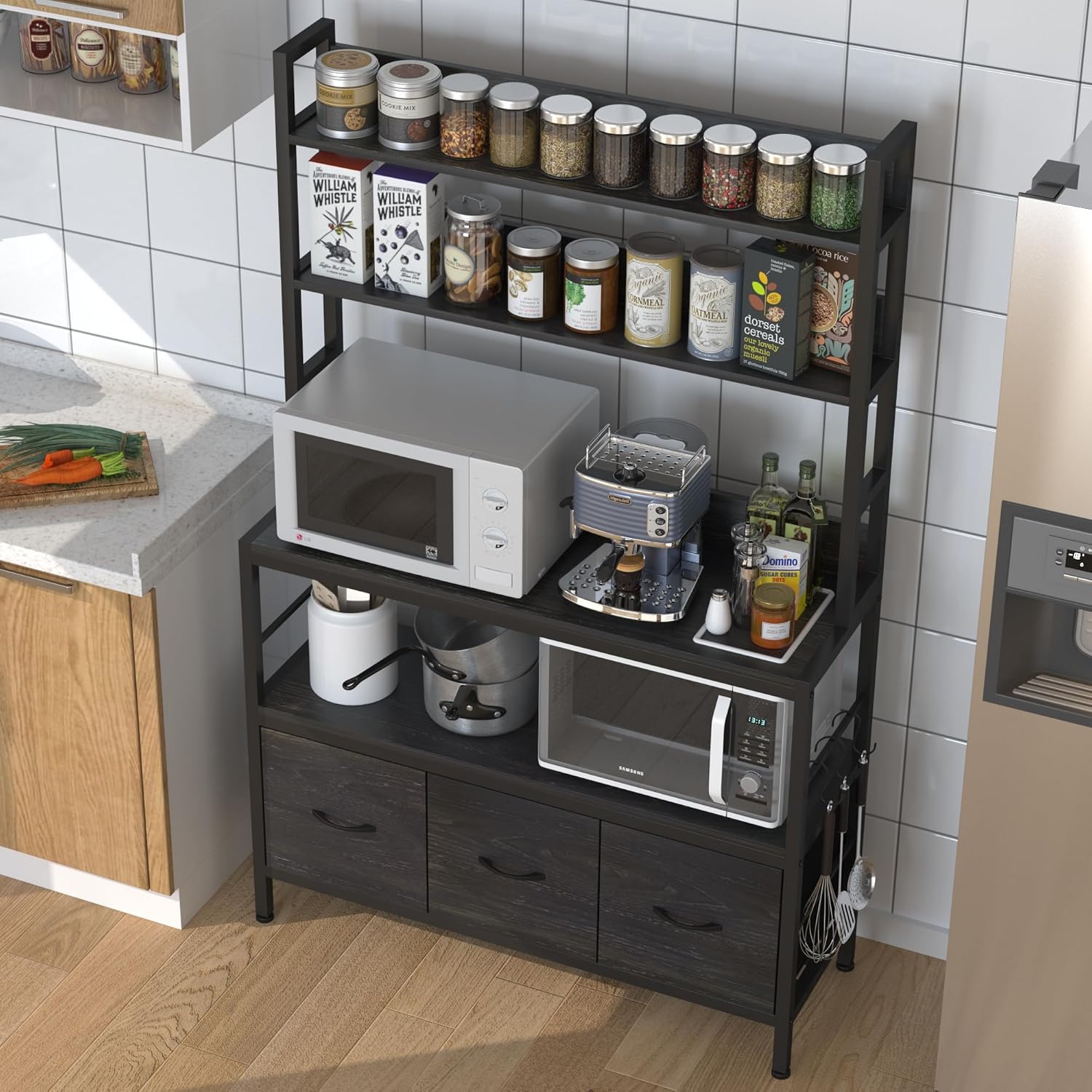 Kitchen Bakers Rack with Baskets,5-Tier Free Standing Storage Shelf Rack,Industrial Microwave Oven Stand,Metal Kitchen Rack Organizer with Hooks(Black)