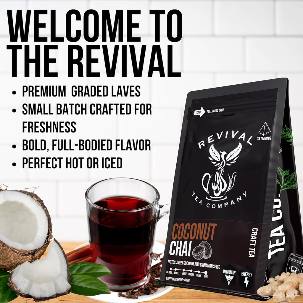Revival Tea Company Coconut Chai Tea - Black Tea Blend with Fresh Spiced Chai and Coconut Flavor - 24 Tea Bags