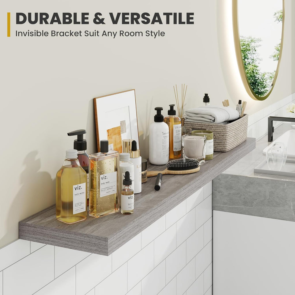 55 Inch Floating Shelves, 9.3" Deep Floating Shelf Wall Mounted, 56" Wall Shelves, Rustic Deep Bookshelf, Large Display Shelves & Storage Shelves for Bedroom, Living Room, Gray, Set of 1