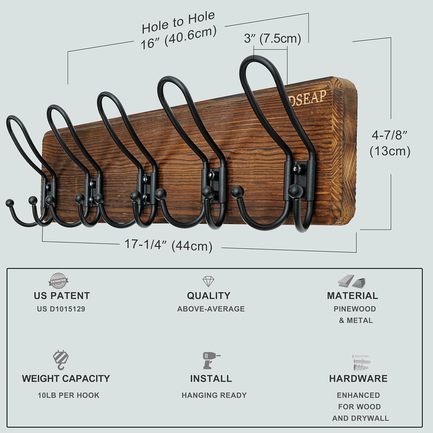 Dseap Coat Rack Wall Mounted - Heavy Duty Farmhouse Rustic Wall Coat Hanger with 5 Wire Hooks for Clothes Hat Jacket Towel, RusticWire, J1-5A, Rustic Brown & Black