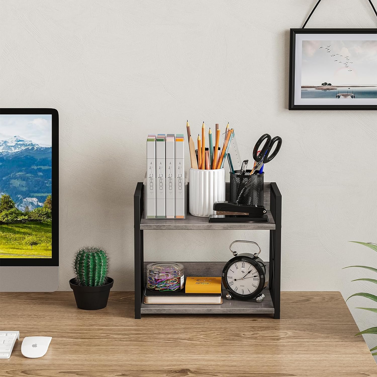 Giikin Countertop Shelf Organizer, 2 Tier Kitchen Spice Rack Organizer for Countertop, Wood Coffee Counter Shelf Organizer for Home (Grey, S)