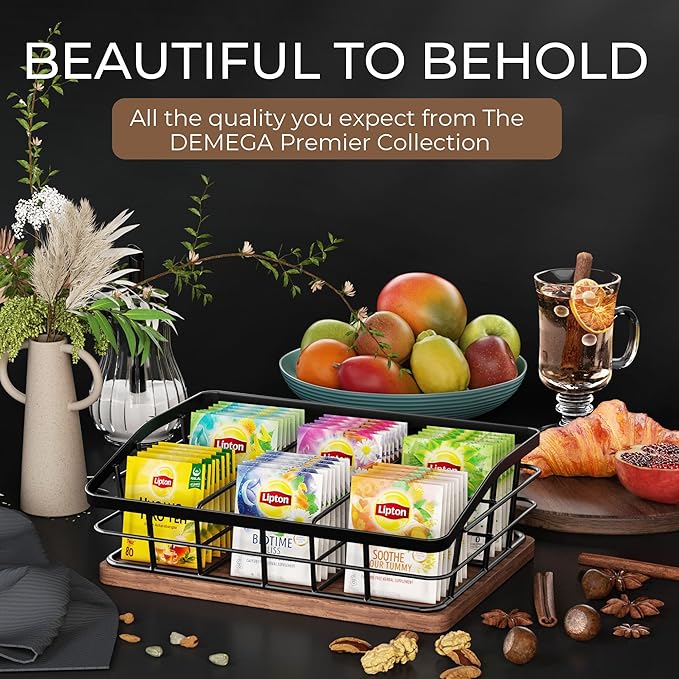 Tea Bag Organizer, Tea Bag Holder Storage with 6 Slots Iron Wire Basket with Wooden Base, Tea Bar Accessories for Countertop Cabinet Drawer, Tea Station for Coffee Capsules Creamer Sweetener Sugar