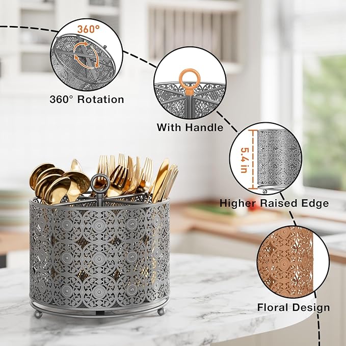 Rotating Utensil Caddy Countertop - Higher Raised Cutlery Caddy Holder - Metal Silverware Caddy Organizer with 4 Compartment for Kitchen Counter Party Office Silver