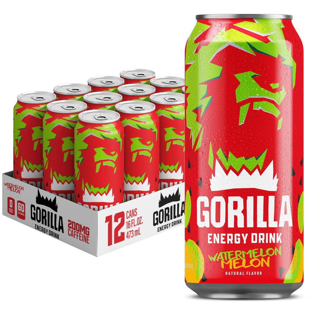 Gorilla Energy Drink, Watermelon Melon, 200mg Natural Caffeine, Real Fruit Juice Squeezed & Concentrated, L-Theanine, Taurine, Ginseng, Acetyl L-Carnitine, No Added Sugar and No Artificial Colors, 12 Pack