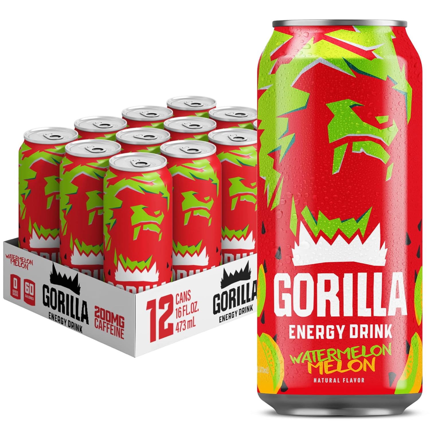 Gorilla Energy Drink, Watermelon Melon, 200mg Natural Caffeine, Real Fruit Juice Squeezed & Concentrated, L-Theanine, Taurine, Ginseng, Acetyl L-Carnitine, No Added Sugar and No Artificial Colors, 12 Pack