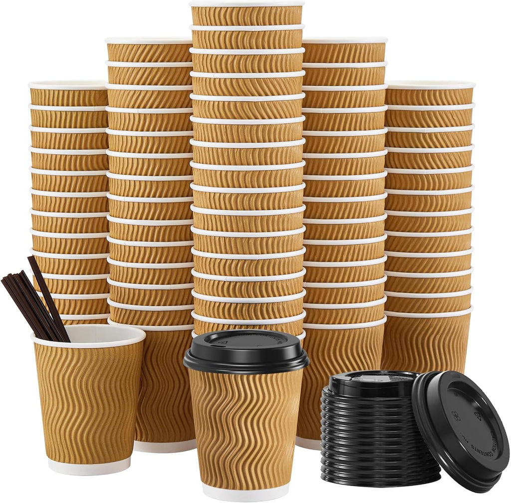 90 Pack - 8 oz Disposable Coffee Cups with Lids and Straws,To go Coffee Cups,Insulated Corrugated Paper Cups,Kraft Ripple Wall Cups for Hot Beverage or Cold Drinks -Champagne