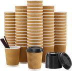 90 Pack - 8 oz Disposable Coffee Cups with Lids and Straws,To go Coffee Cups,Insulated Corrugated Paper Cups,Kraft Ripple Wall Cups for Hot Beverage or Cold Drinks -Champagne