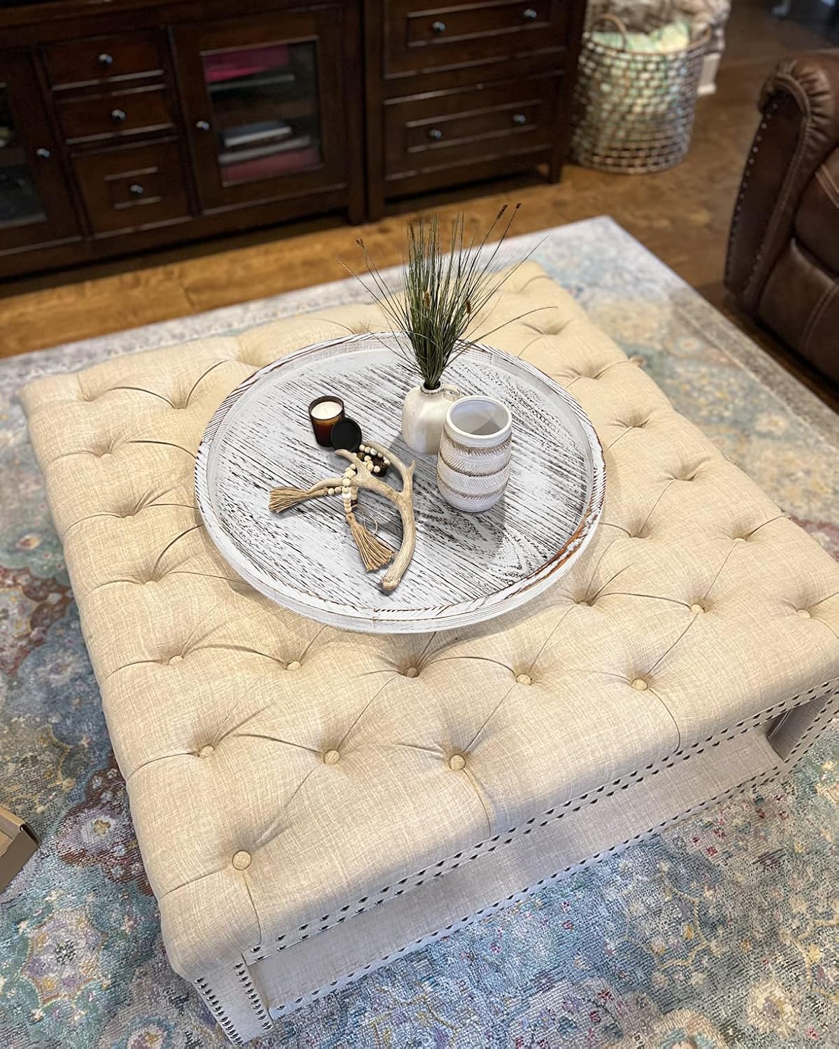 Extra Large Round Ottoman Table Tray 20" - Rustic Wooden Serving Tray for Farmhouse Decorative Oversized Coffee Table Trays Living Room Kitchen Counter Breakfast White